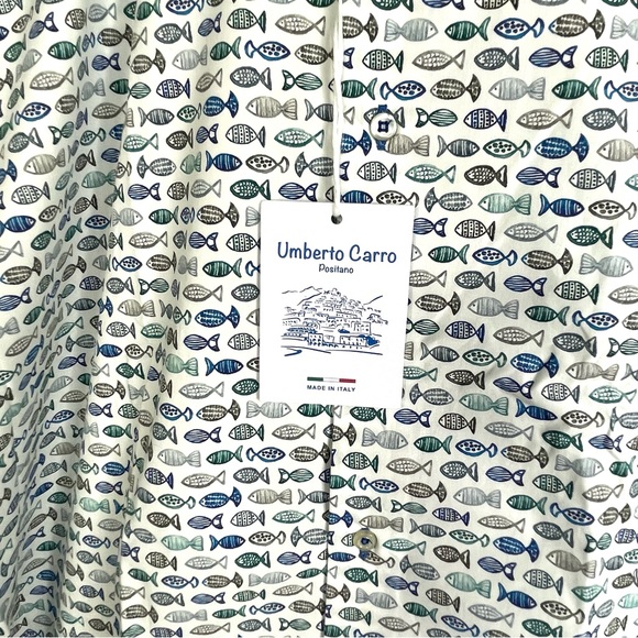 Umberto Carro Positano Shirt 50/20.5 Long Sleeve Button Up Fish Print Flip Cuff - Picture 3 of 8